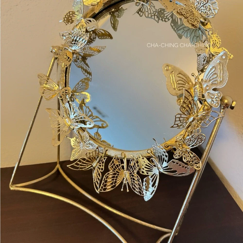 Vintage Gold Metal Round 3D Butterfly Standing Mirror